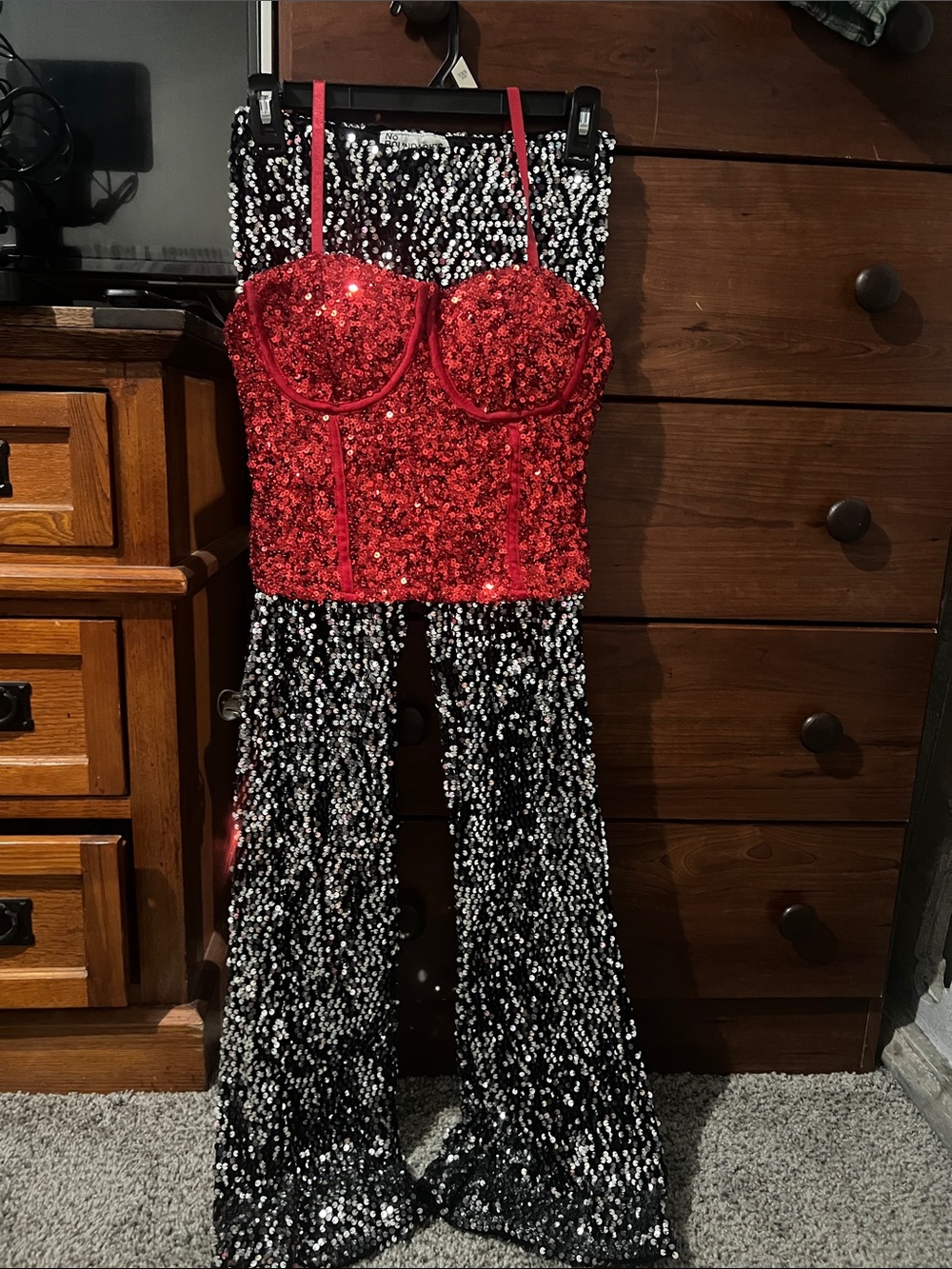 No Boundaries Red Sequin Bustier with Black & Silver Sequin Pants